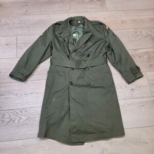 1950 US Military Trench Coat Men Medium Olive Patches Double Breasted Belted